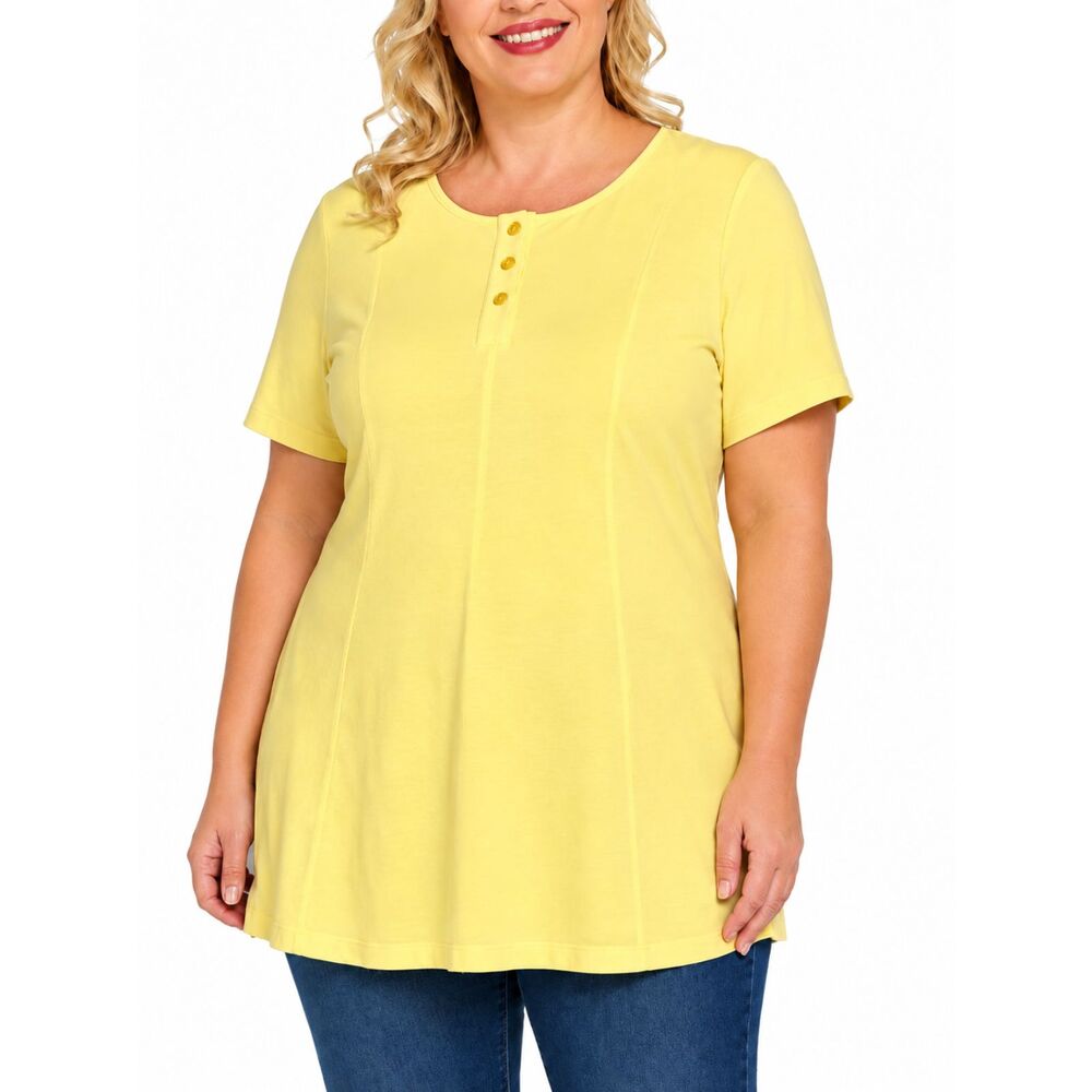 Denim & Co. Essentials Yellow Henley Tunic Top Short Sleeve Size 2X NWOT